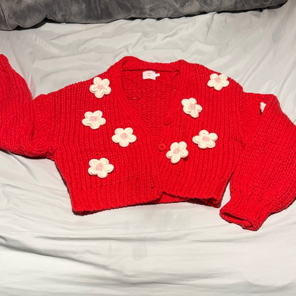 Vibrant Red Floral Cardigan Sweater